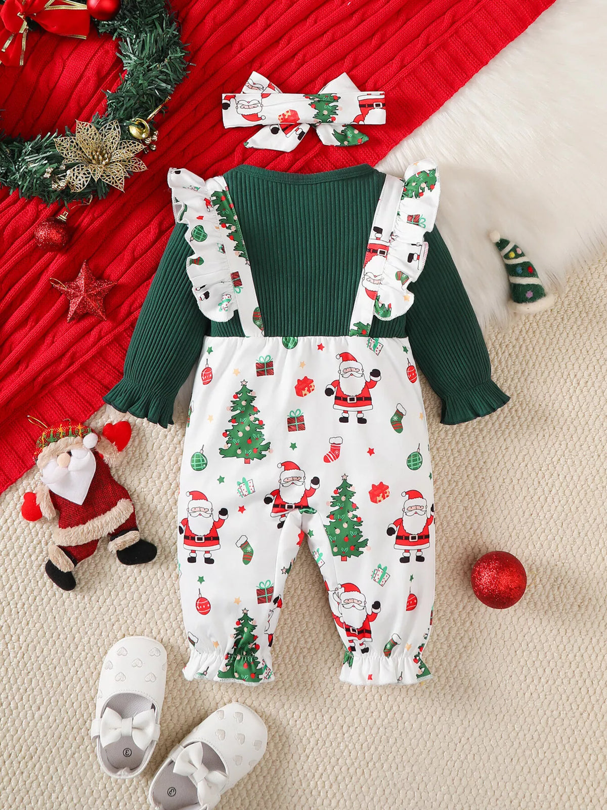 Green ribbed and Santa print jumpsuit set with bow headband — outfit and printed headband