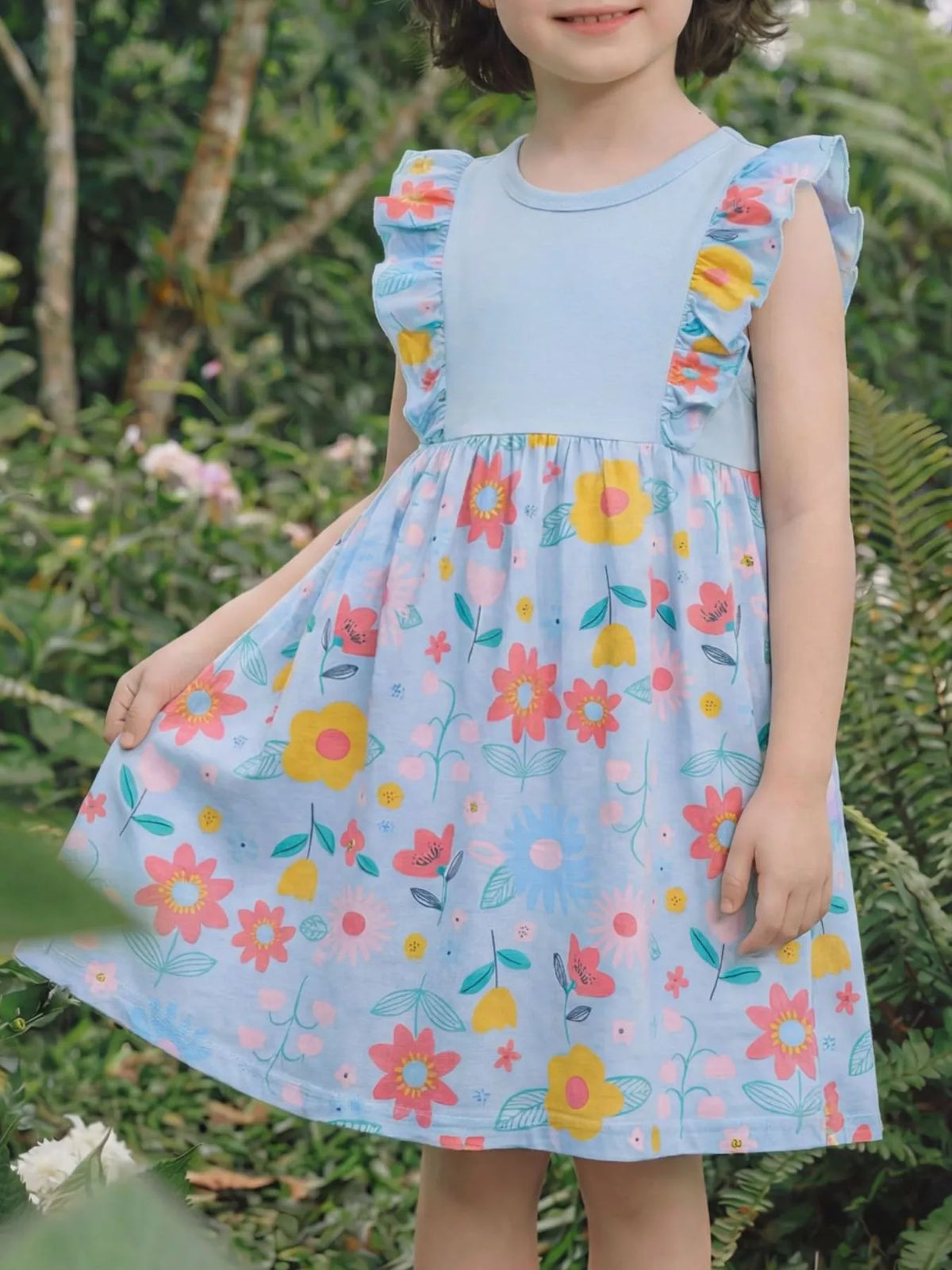Blue-bodice dress with floral shoulder ruffles and skirt on a child