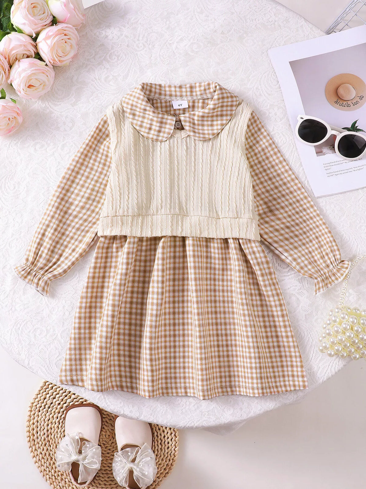 Gingham Dress and Cable-Knit Vest Set — front dress and vest flat lay