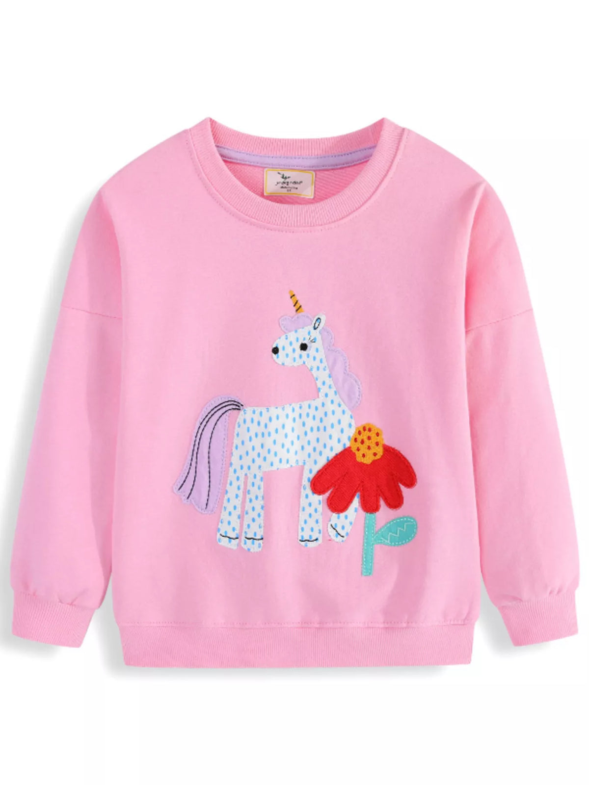 Pink unicorn and flower applique sweatshirt — front