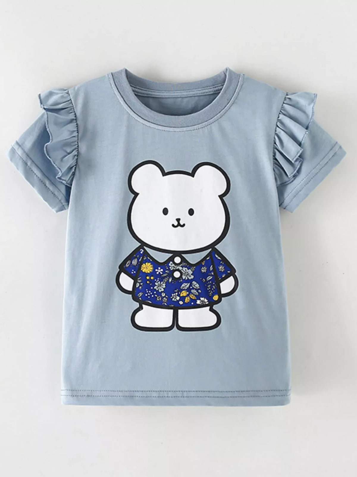 Blue bear graphic ruffle sleeve shirt — front laid flat