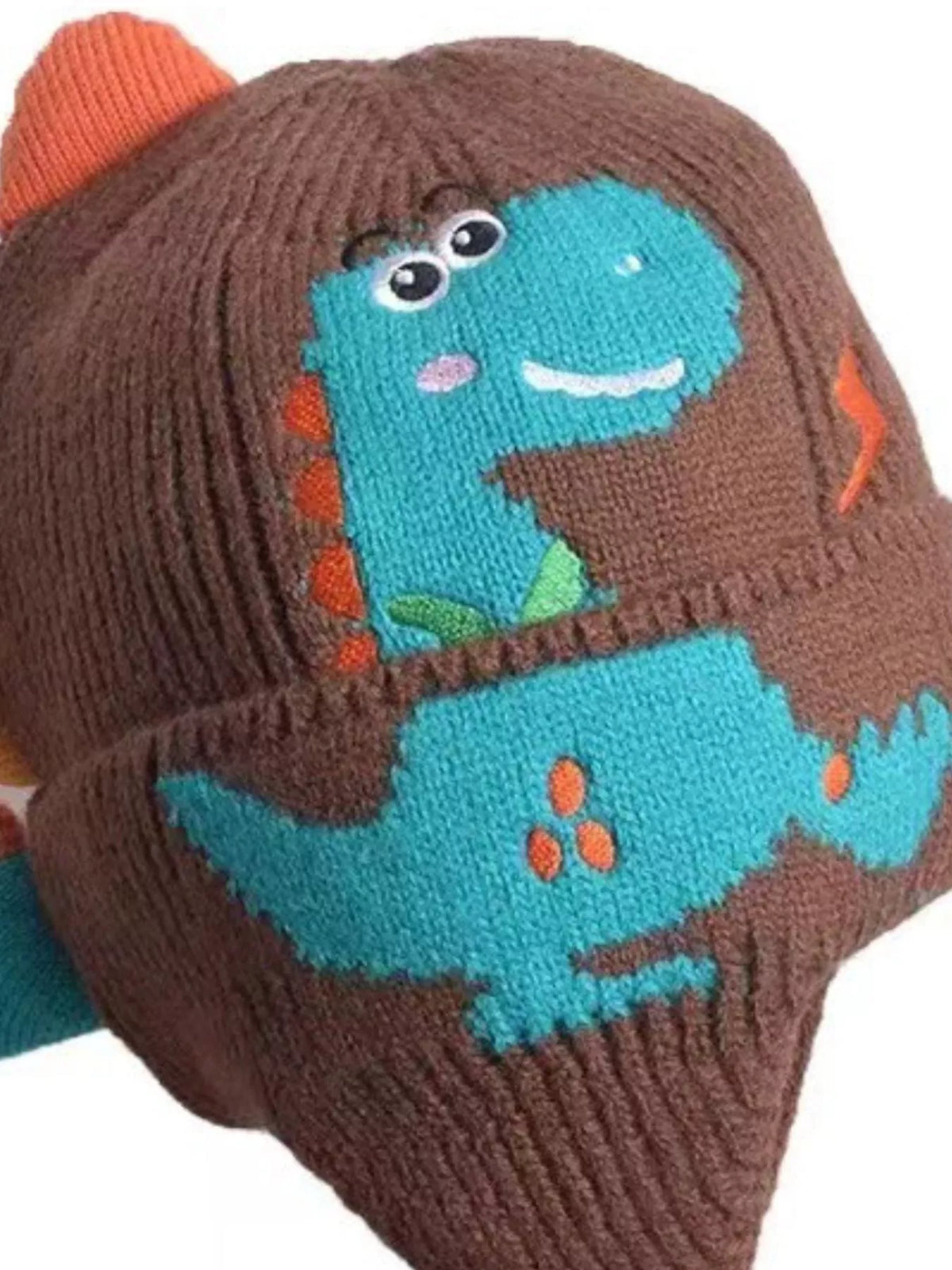 Dinosaur Knit Hat with Earflaps — chocolate hat front detail