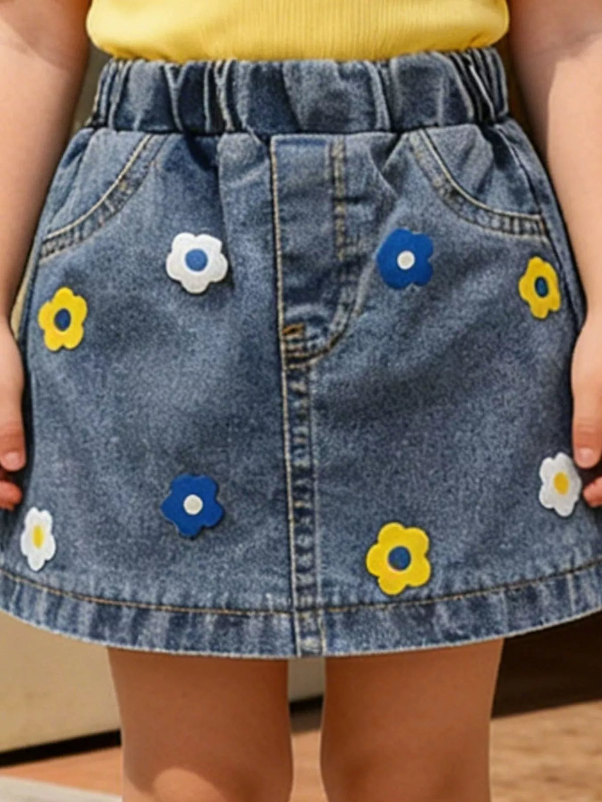 Yellow cold shoulder ruffle top and floral denim skirt — floral denim skirt and waistband