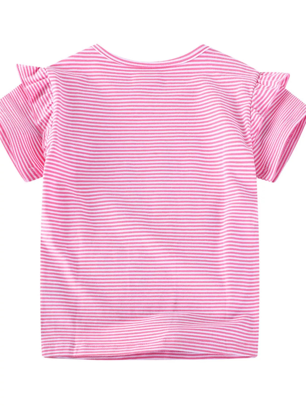 Pink striped unicorn floral applique ruffle sleeve shirt — striped back