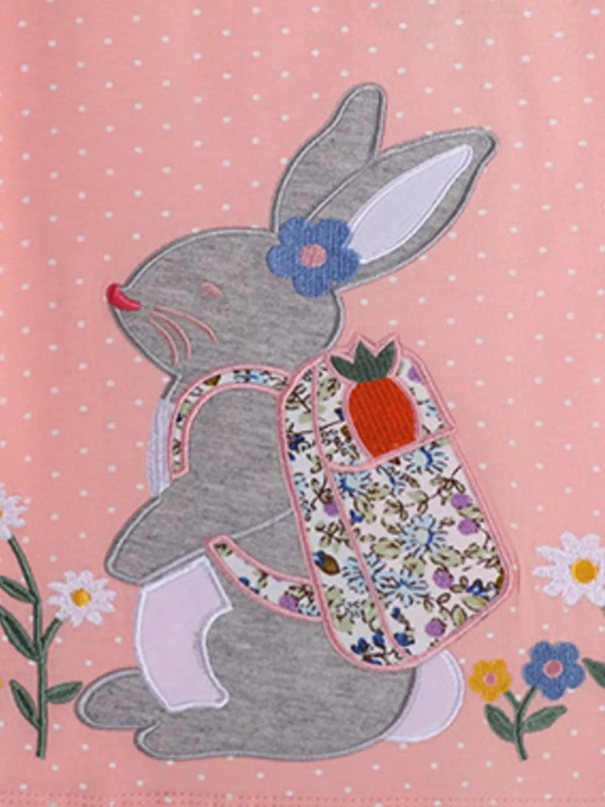 Peach polka dot bunny applique ruffle sleeve top — bunny with floral backpack applique