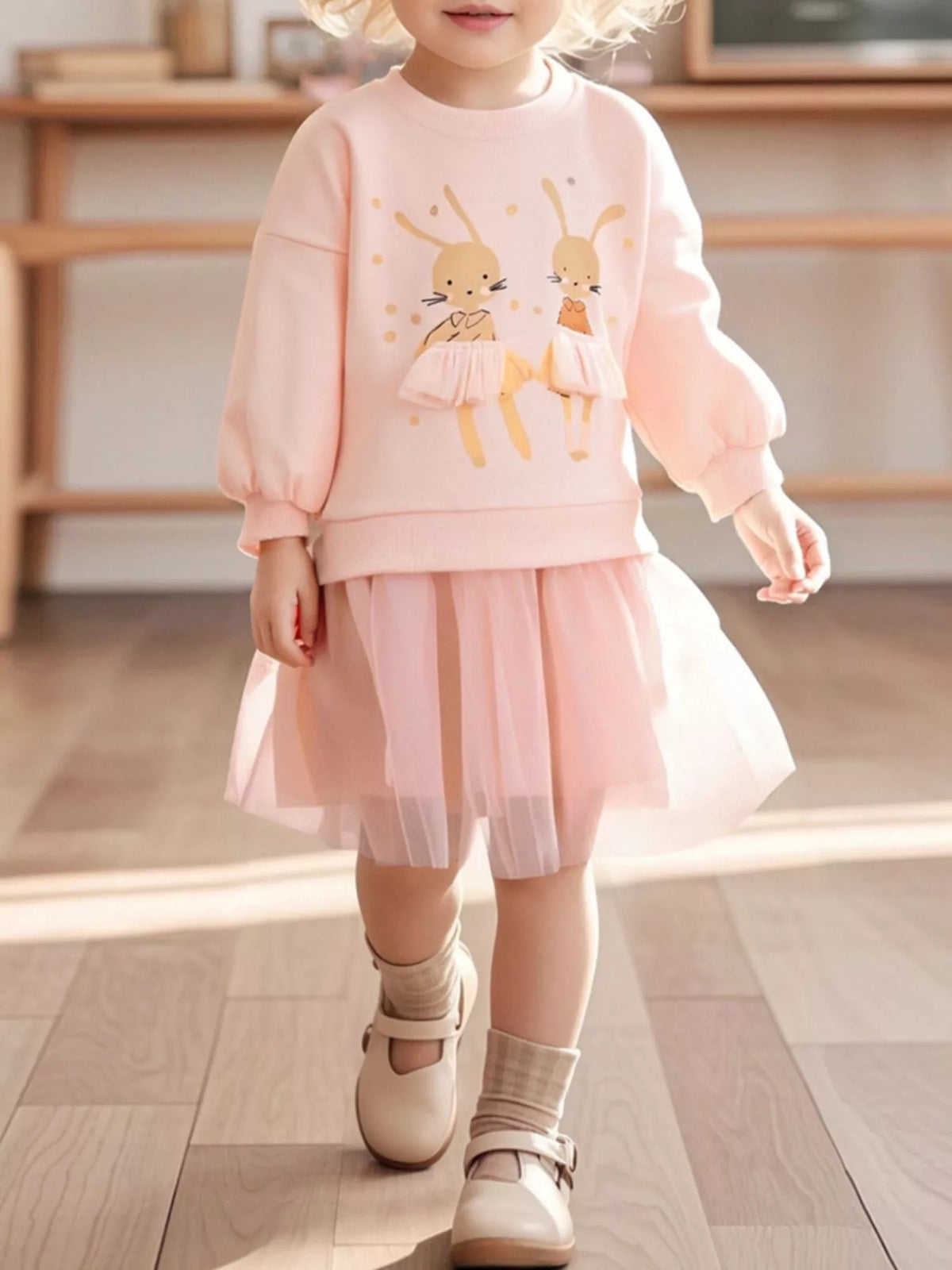 Bunny Long Sleeve Layered Tulle Dress — dress worn by a child