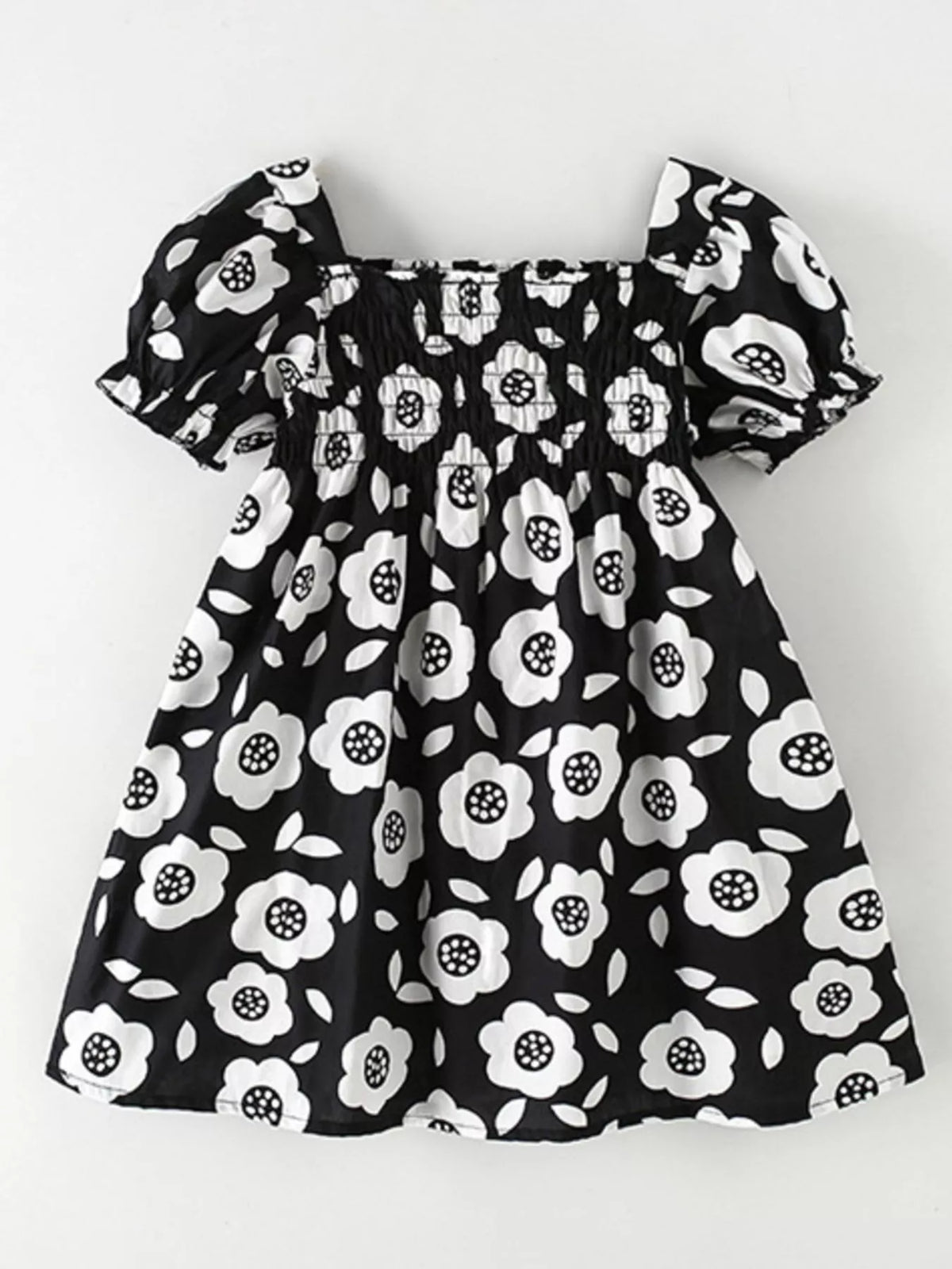 Black floral square-neck dress with puff sleeves laid flat