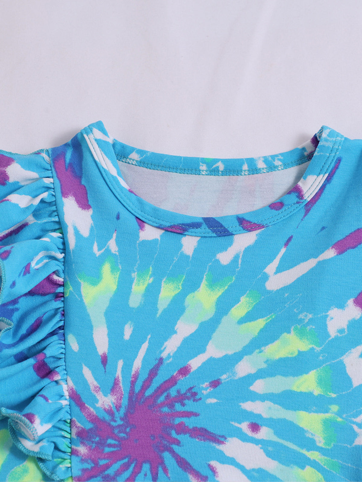 Blue Tie-Dye Ruffle Sleeve Dress — round neckline and ruffles