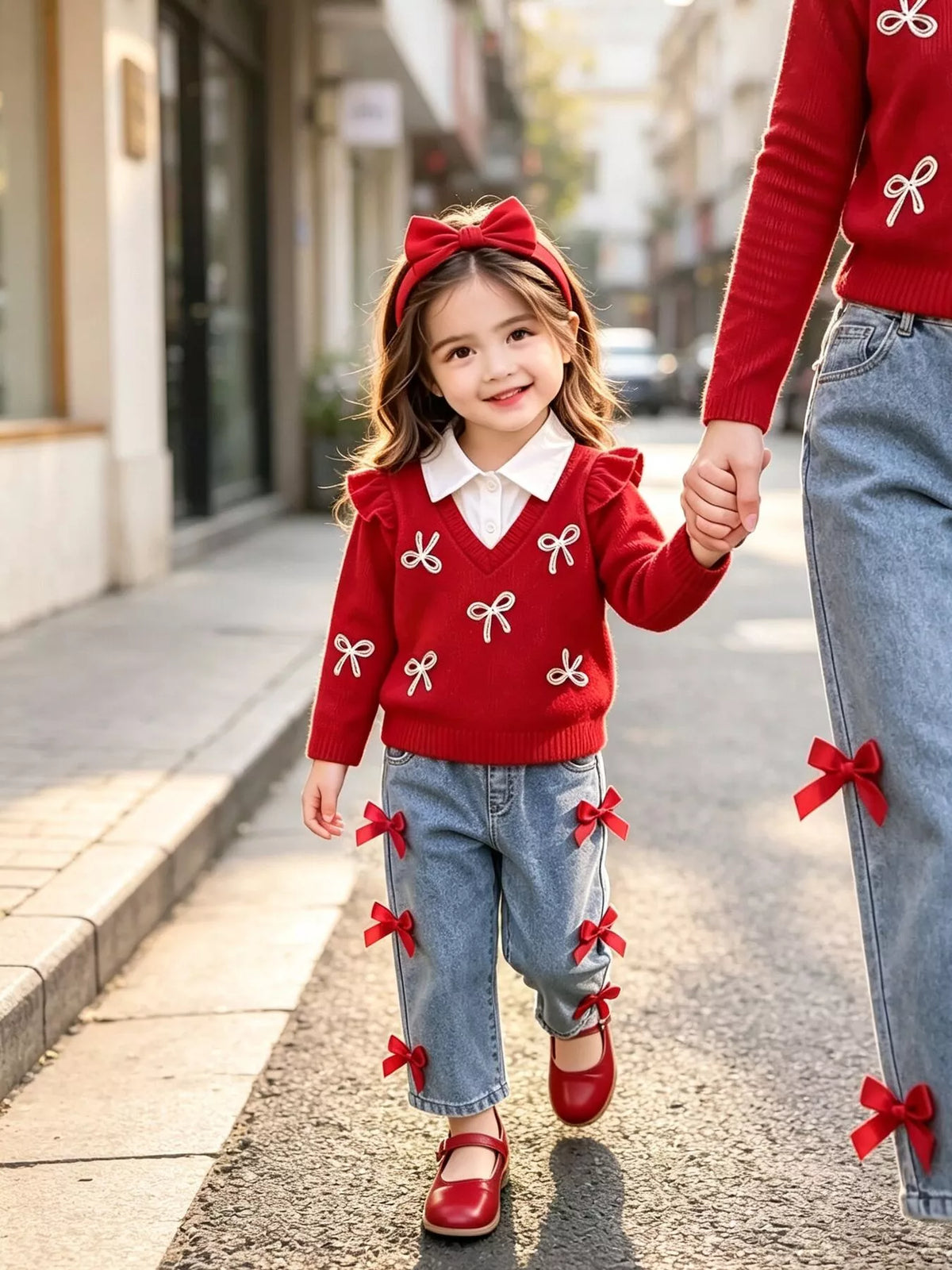 Red Bow Sweater and Jeans Set — outfit worn by a child