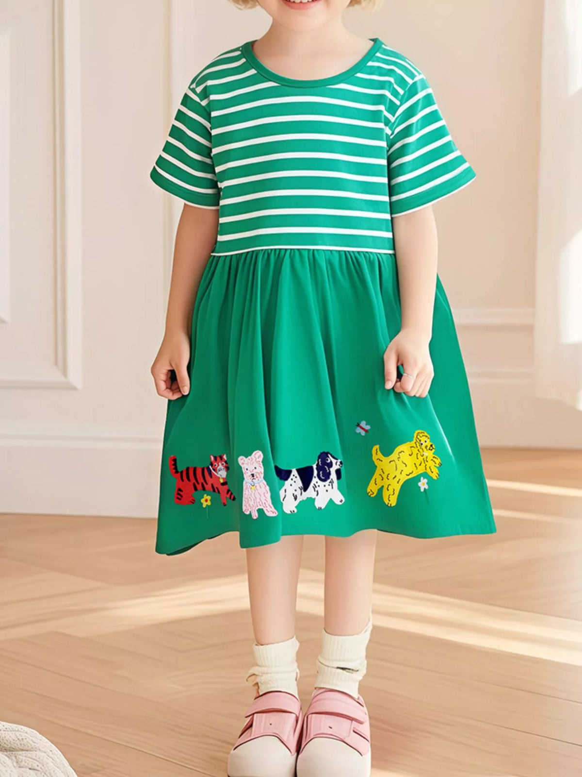 Striped Animal Applique Cotton Dress — green animal dress worn by a child