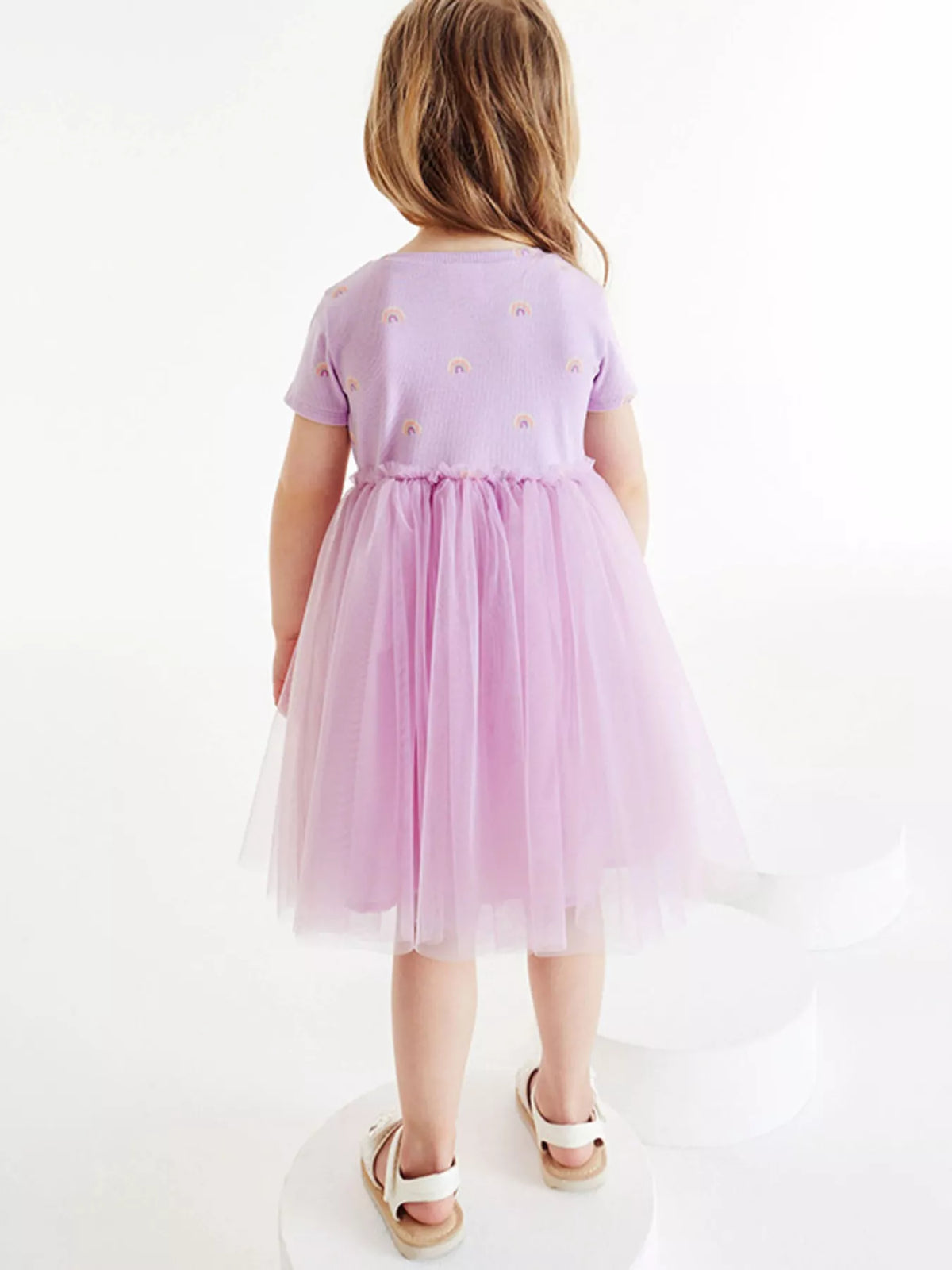 Lavender Rainbow Print Tulle Dress — lavender dress back worn view