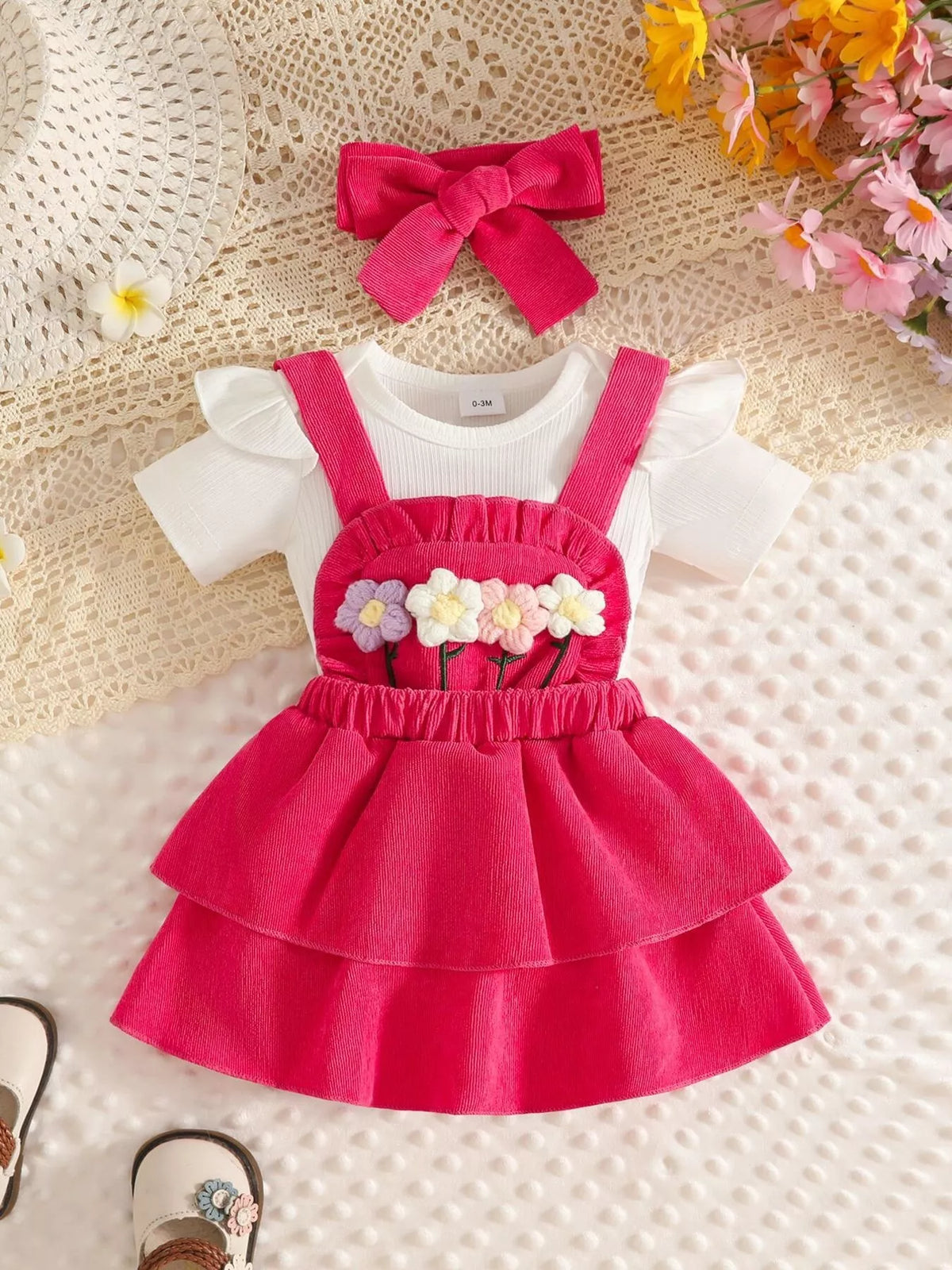 Ribbed floral overall dress and white top set with bow headband — rose red outfit front