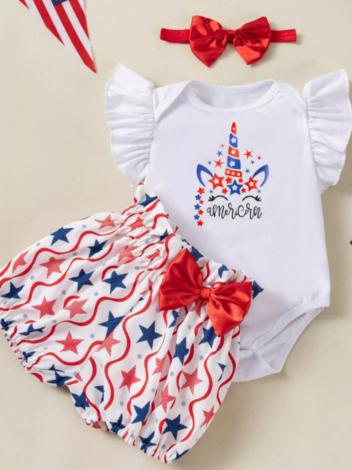 Baby Fourth of July Three-Piece Outfit Set — unicorn patriotic set flat lay