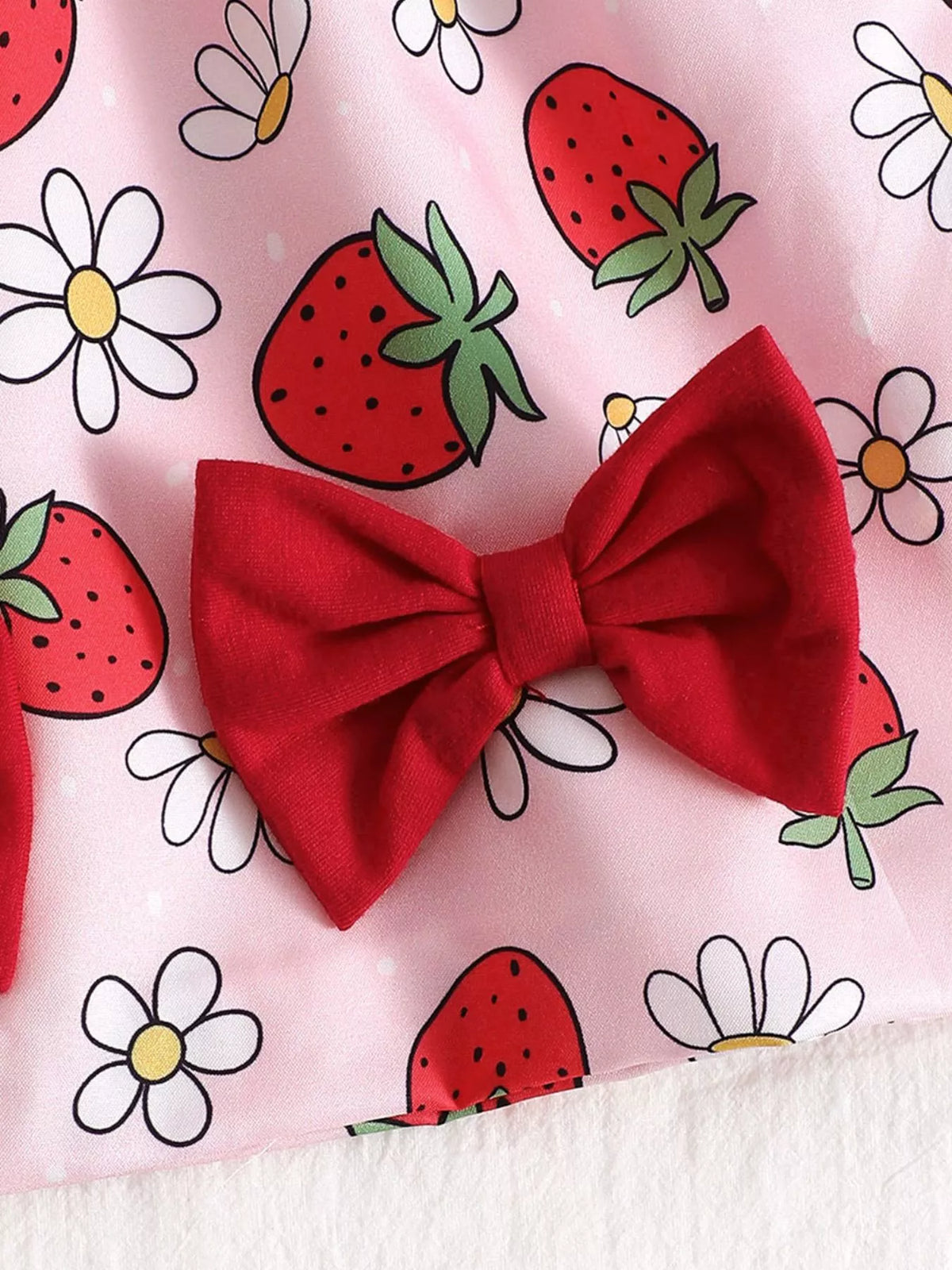 Baby Bow Front Printed Sundress — strawberry and daisy print detail