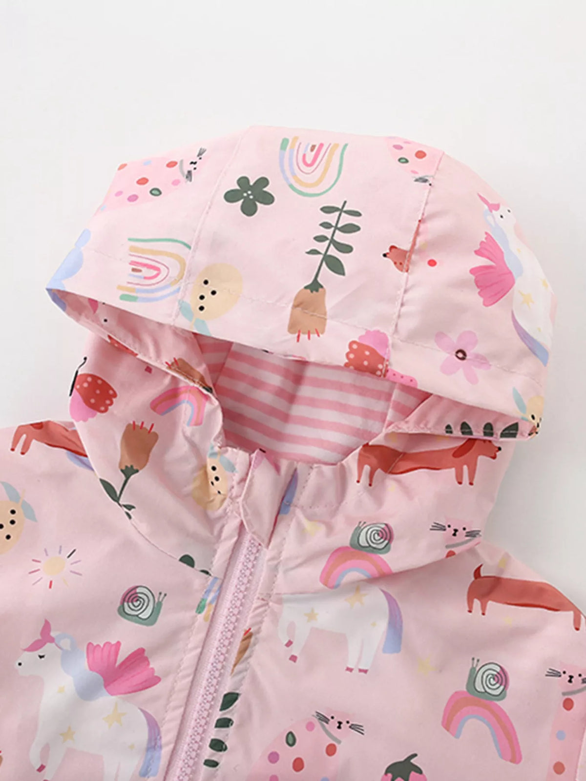 Printed hood with pink striped lining