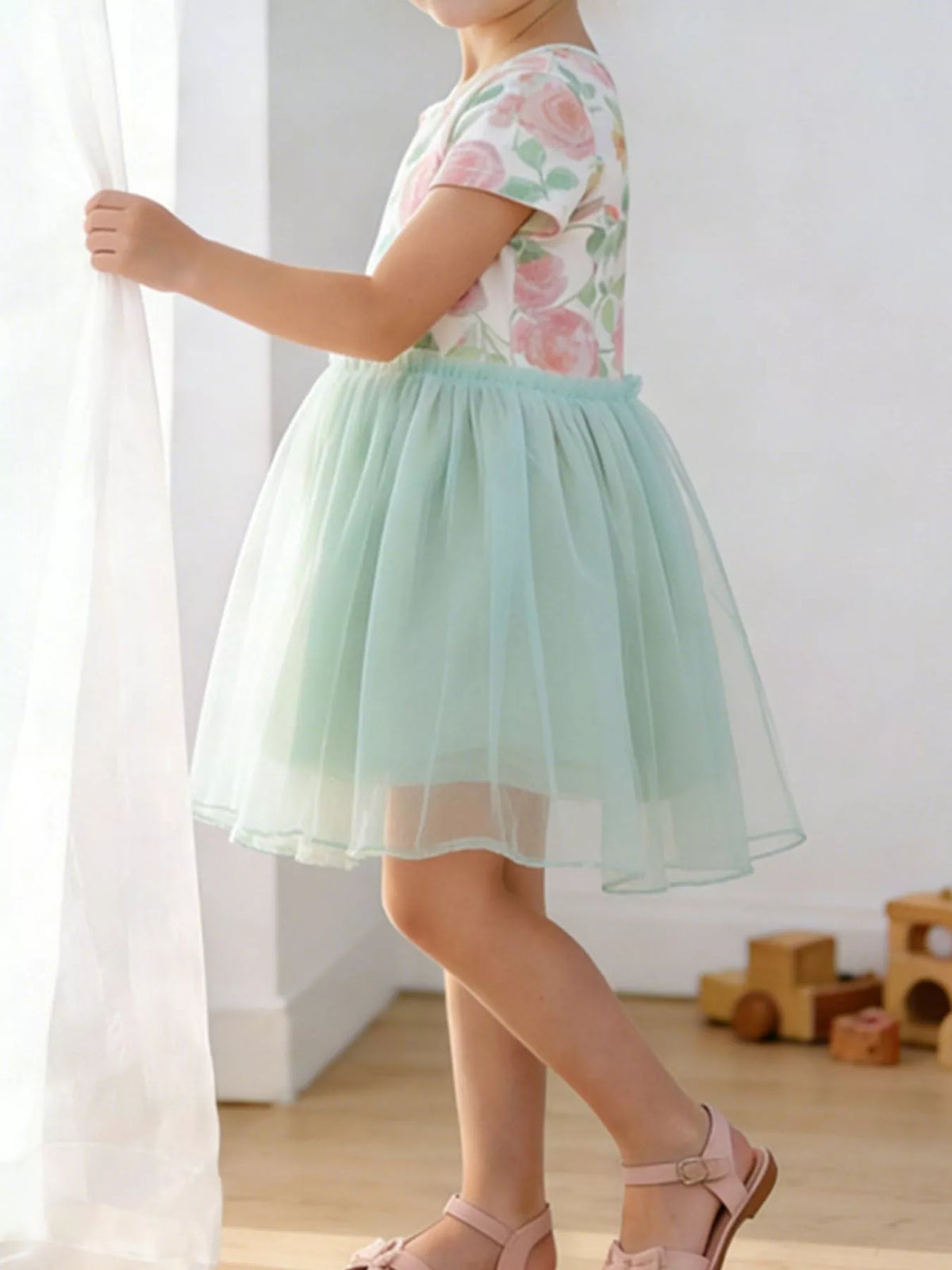 Rose Print Sage Tulle Dress — dress worn by a child