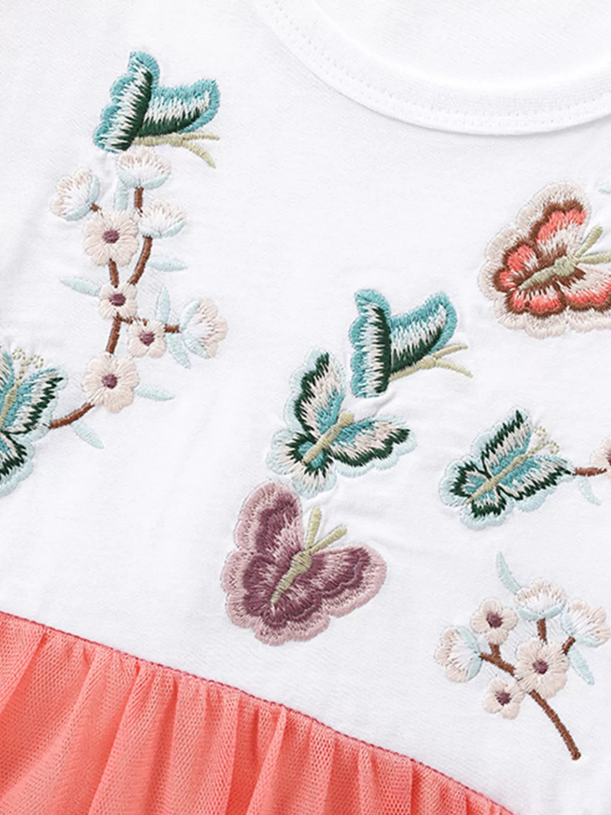 Butterfly Embroidered Coral Tulle Dress — butterfly embroidery detail