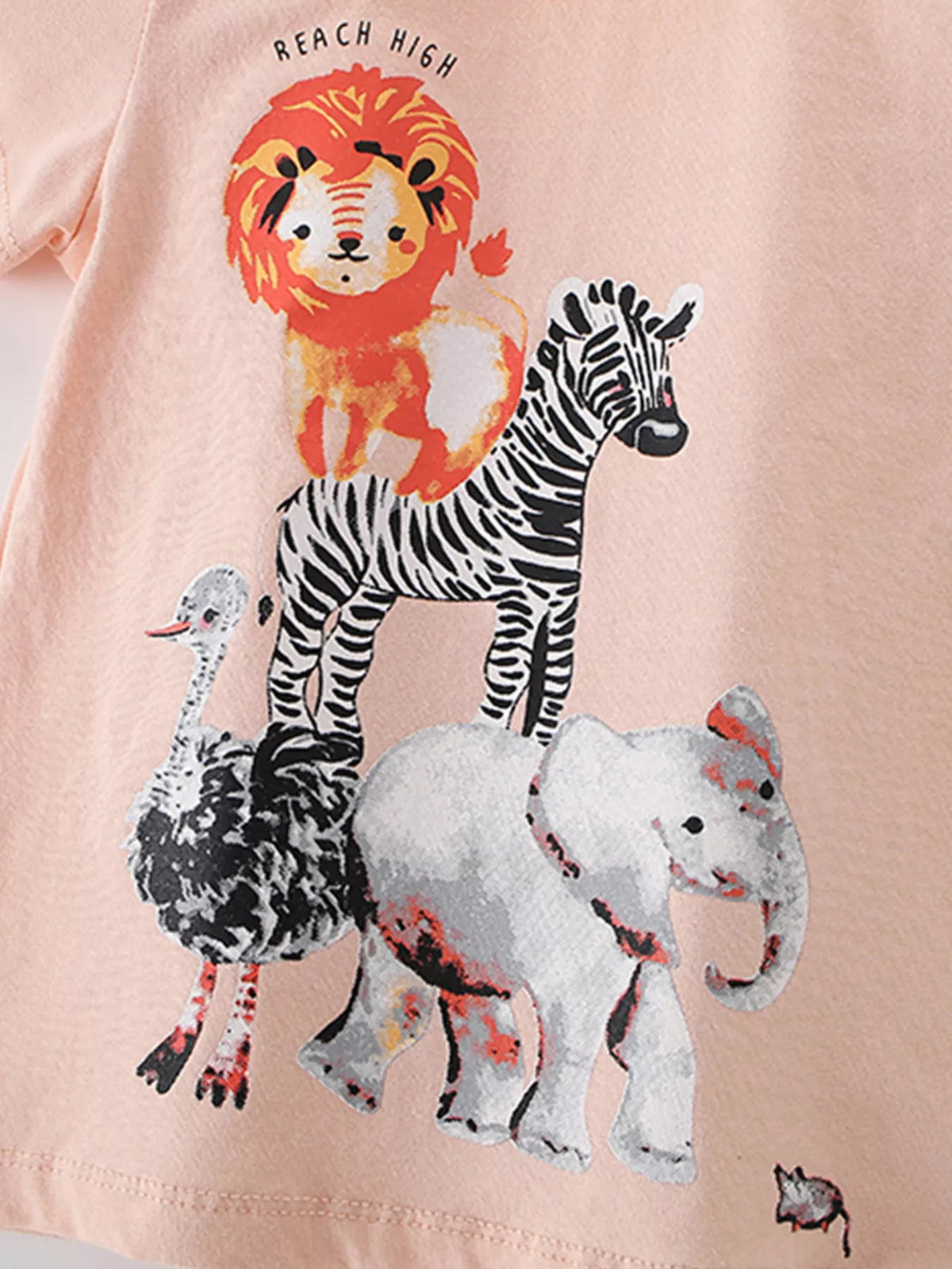 Peach stacked safari animal graphic shirt — lion zebra ostrich and elephant graphic