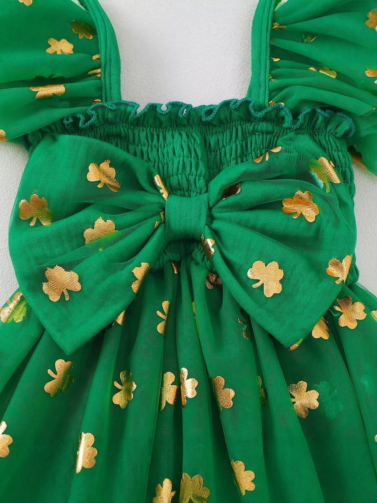 Green clover smocked tulle dress — large back bow