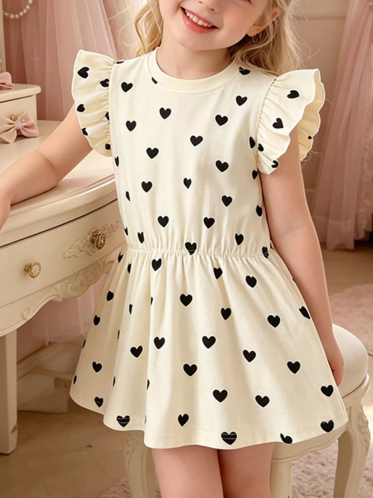 Ivory heart-print dress with ruffled sleeves on a child