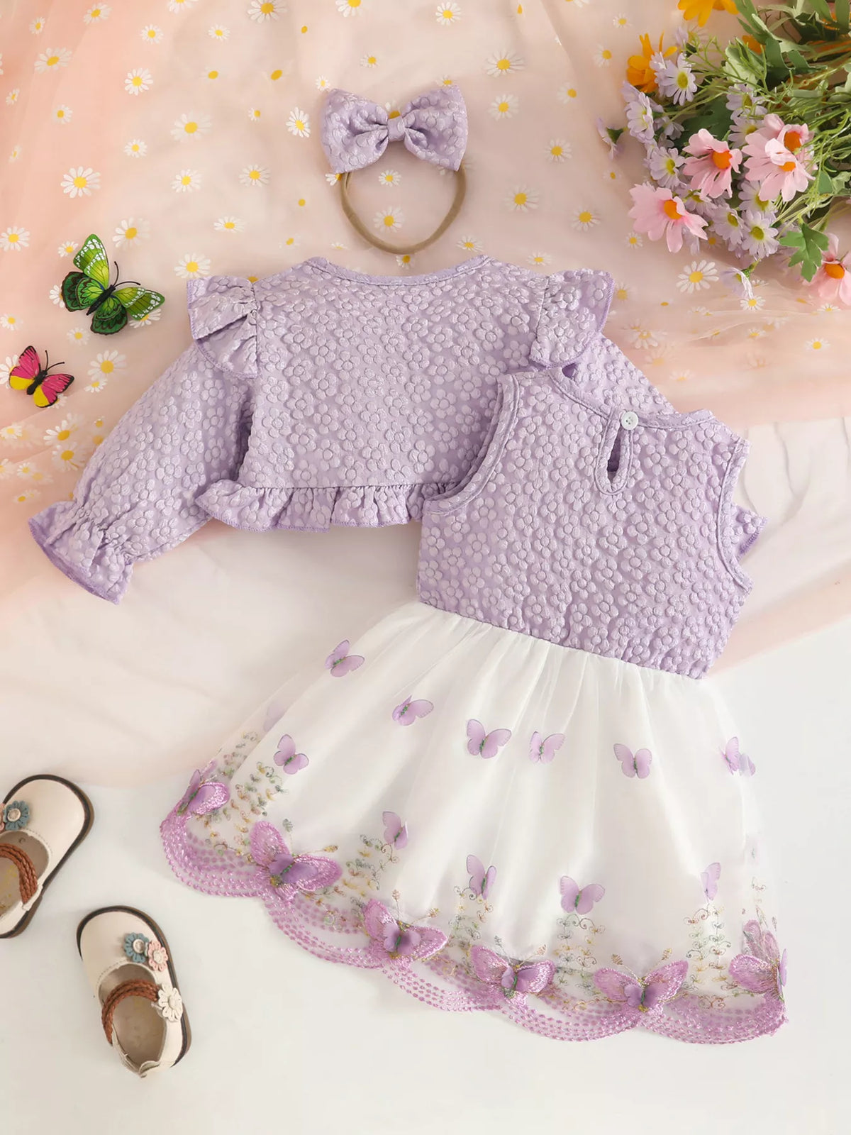 Floral butterfly dress cardigan and headband set — lavender outfit back