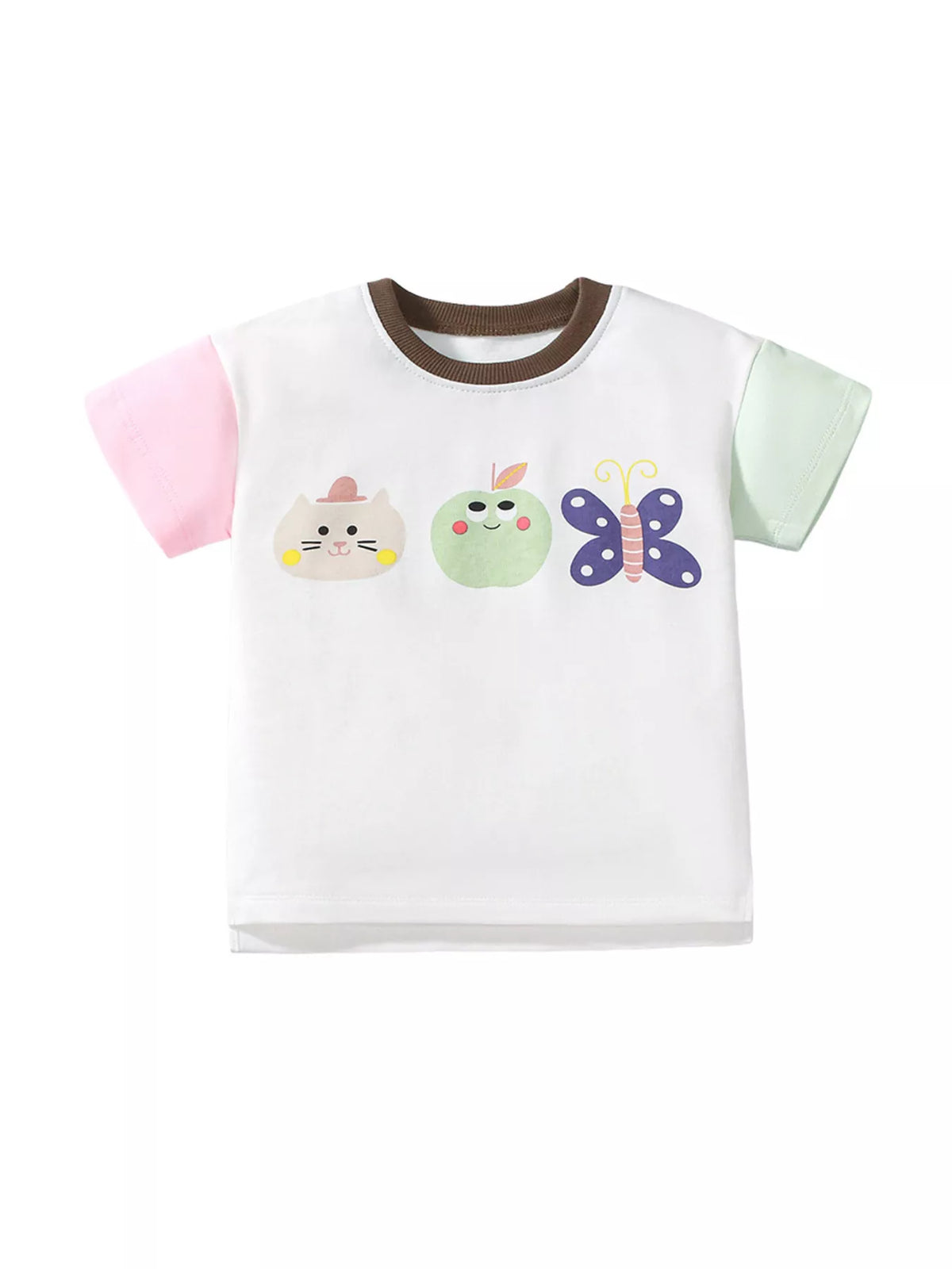 White cartoon tee with pink and mint sleeves laid flat