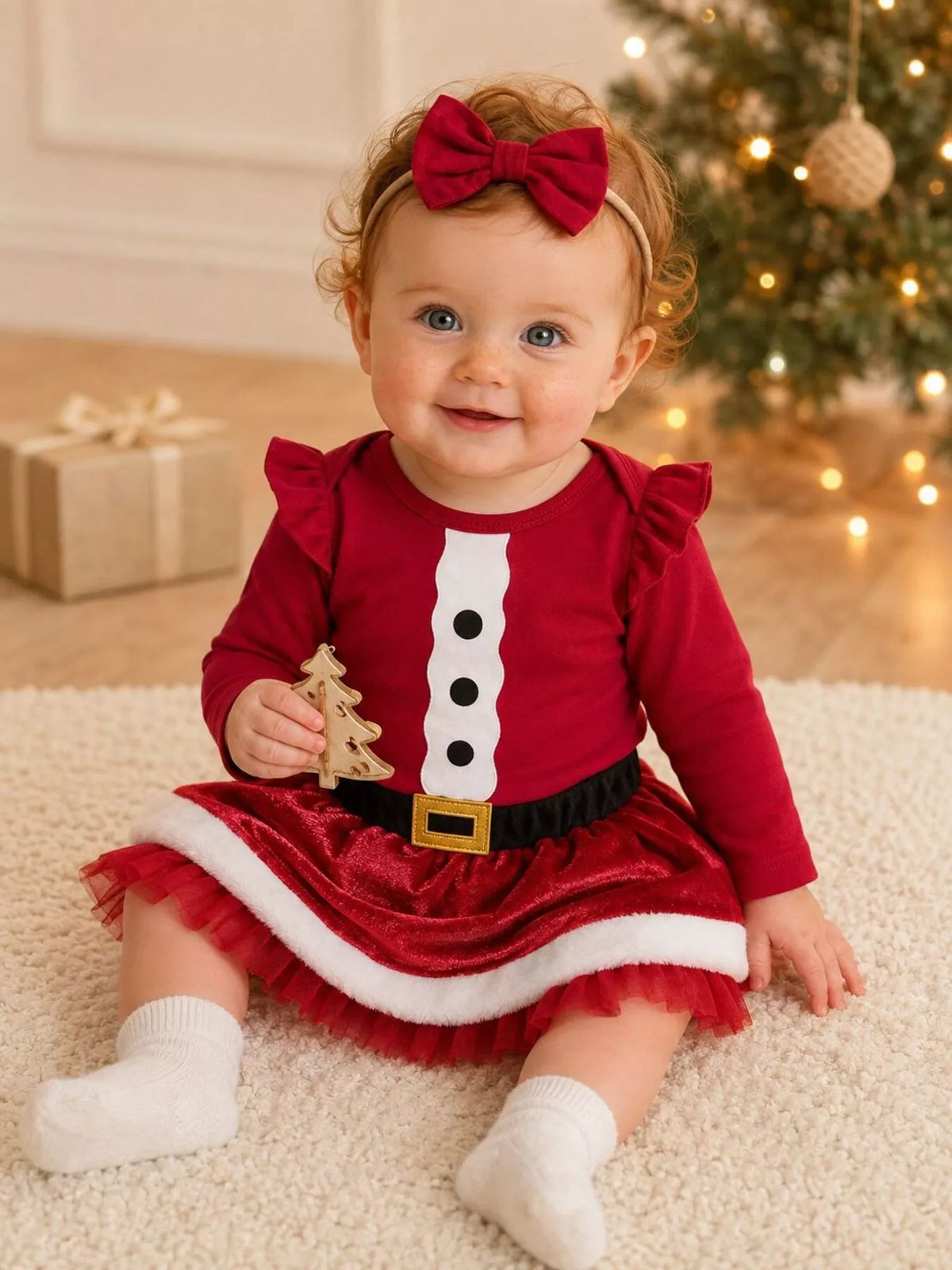 Outfit and headband on a seated baby