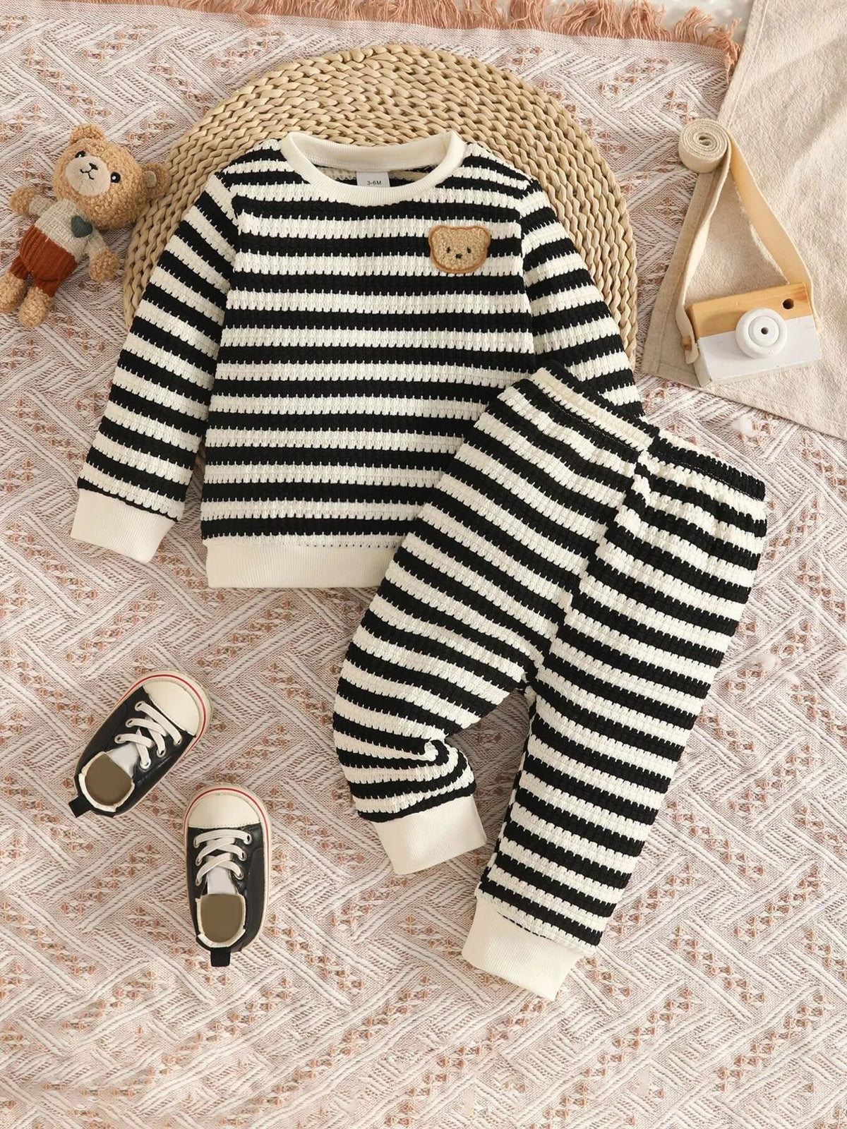 Striped knit bear patch top and pants set — black striped set front