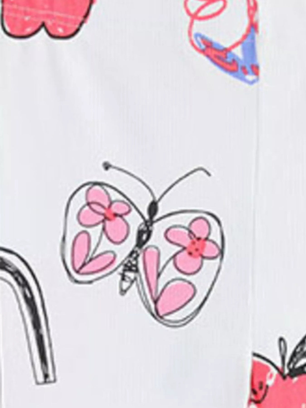Pink butterfly and doodle print on white fabric