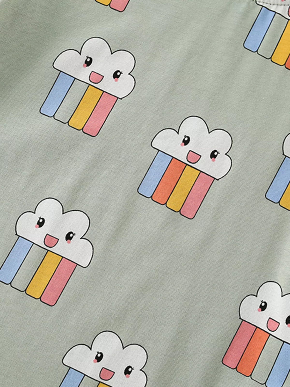 Sage cloud and rainbow print shirt — smiling cloud and rainbow print