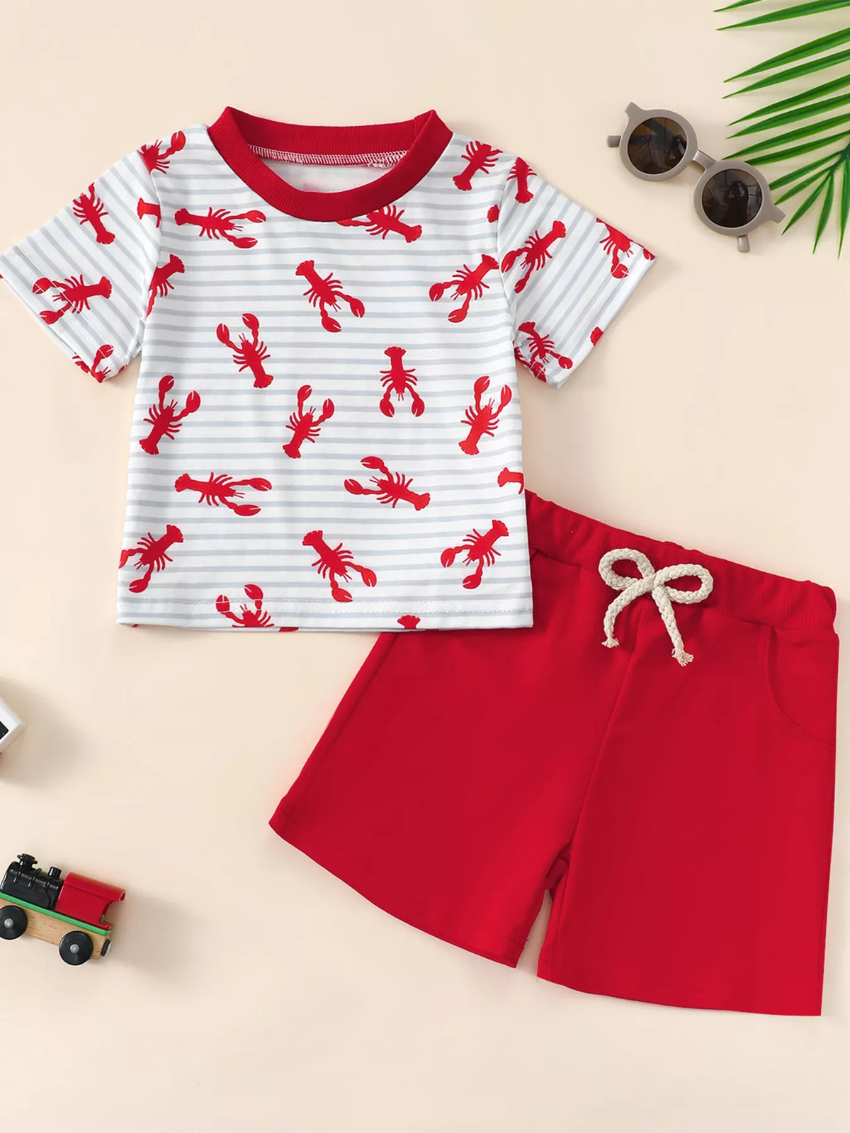 Striped lobster tee and red shorts set — outfit front