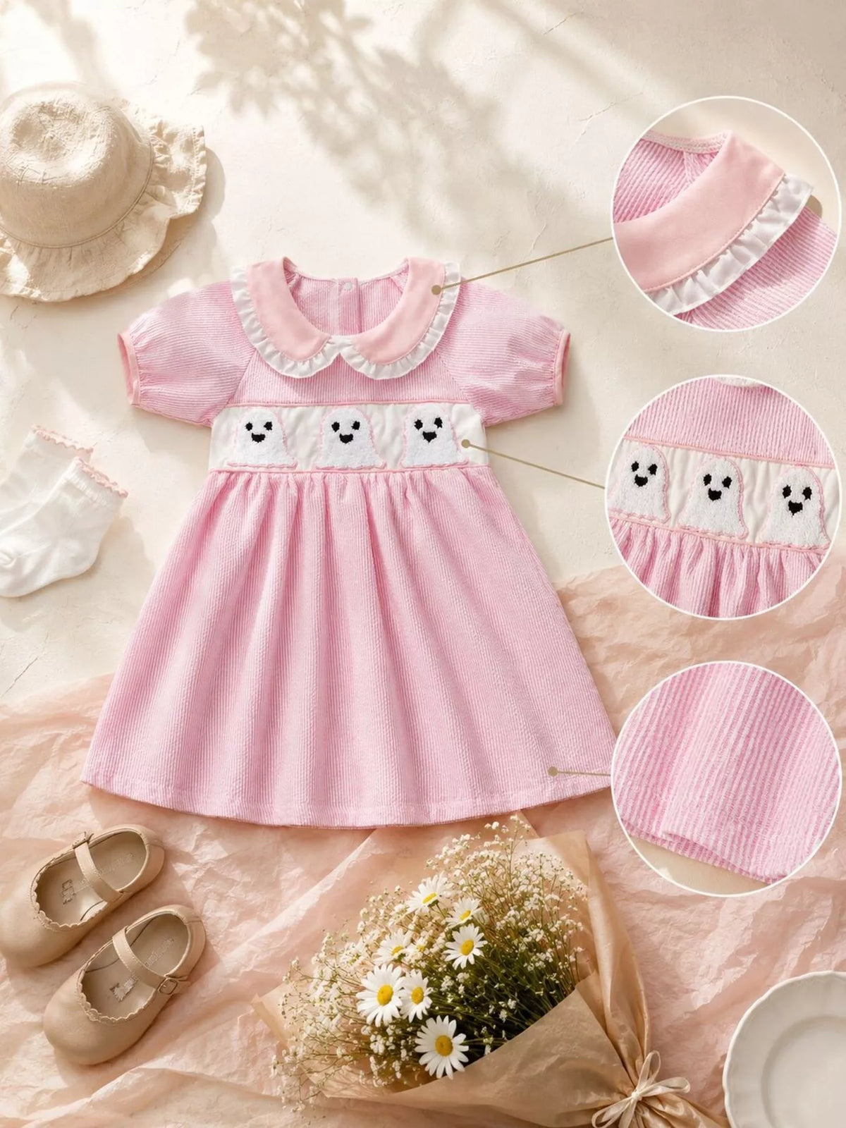 Pink gingham dress laid flat with collar, embroidery and fabric detail insets