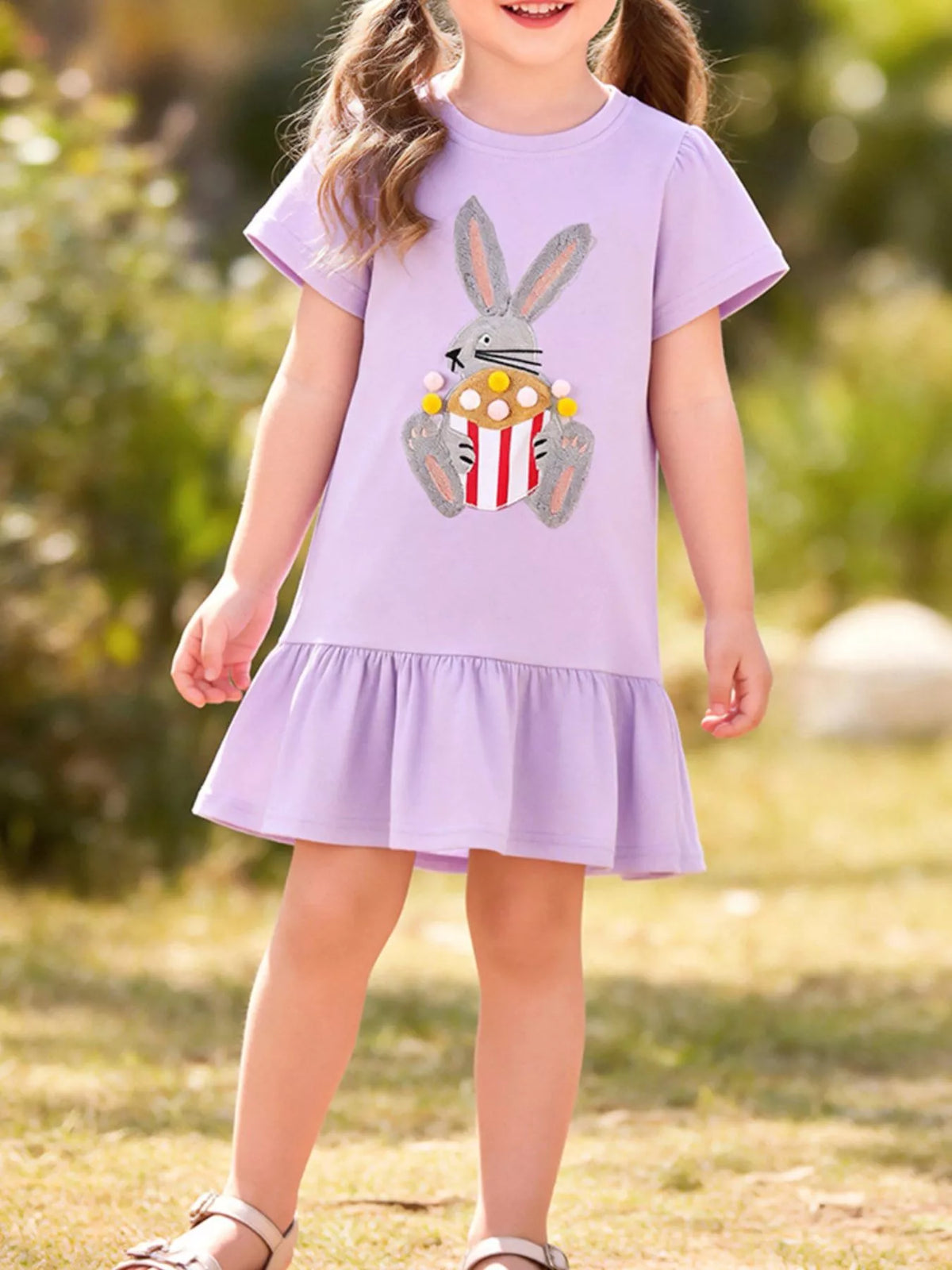 Lavender bunny short-sleeve dress with a ruffled hem on a child