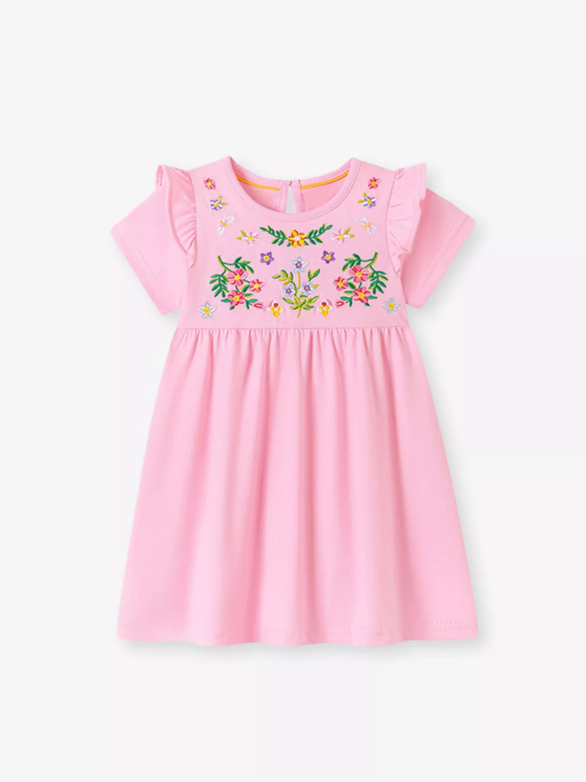 Pink floral-embroidered dress with shoulder ruffles laid flat