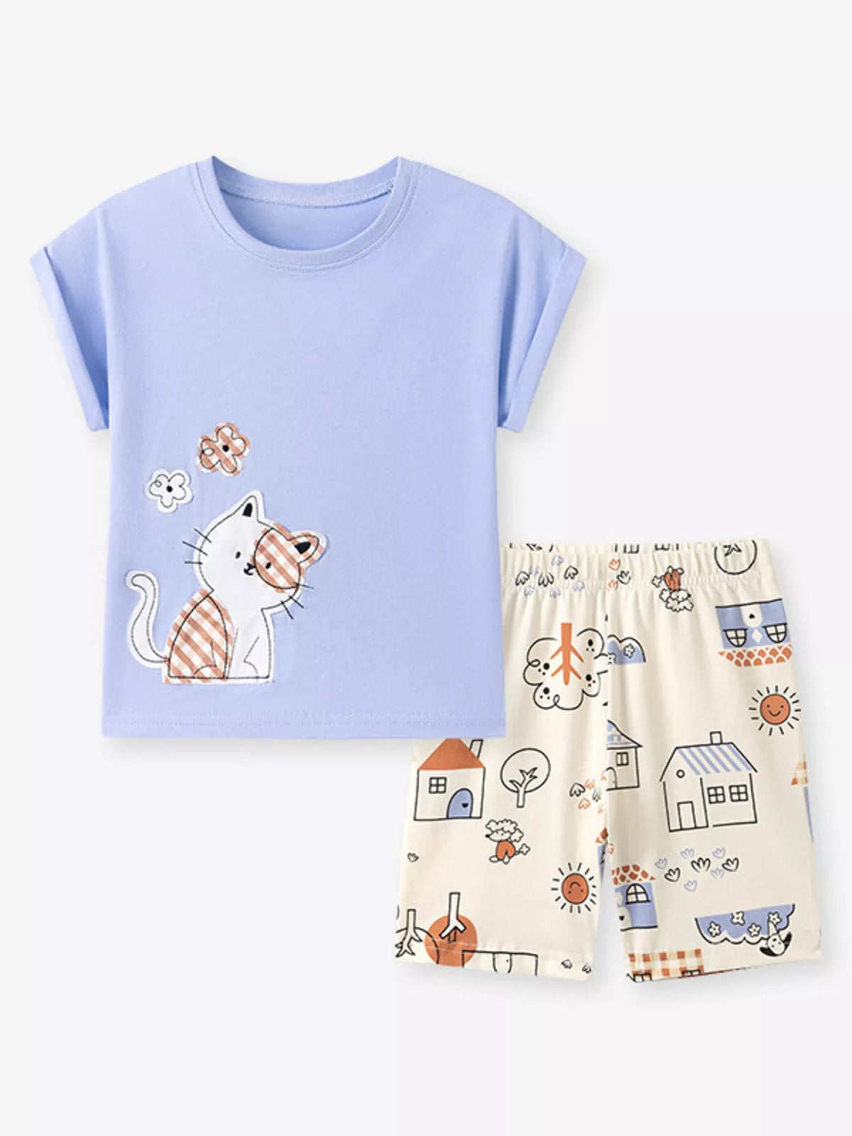Blue cat tee with cream printed shorts laid flat