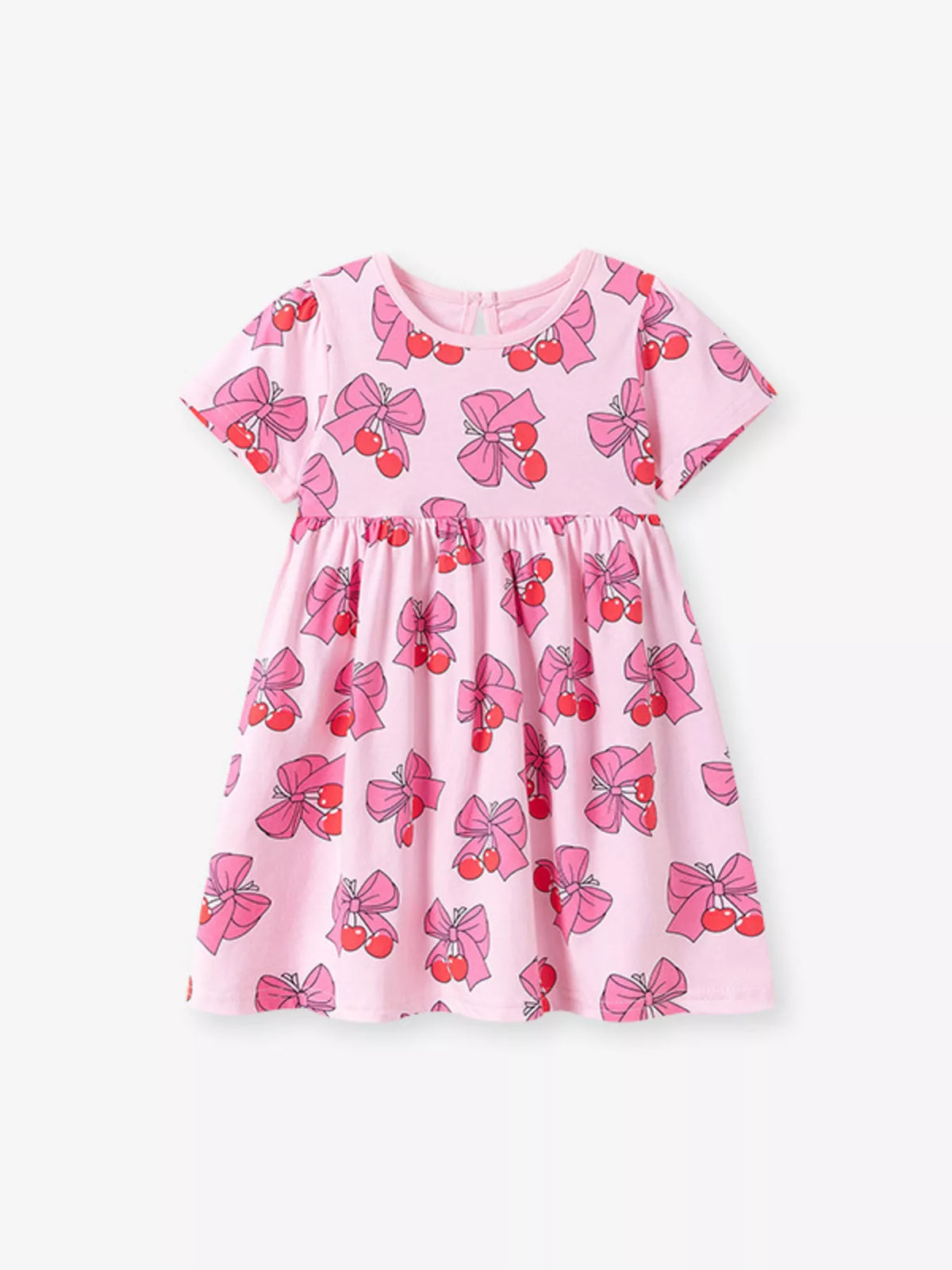 Pink cherry-and-bow print short-sleeve dress laid flat