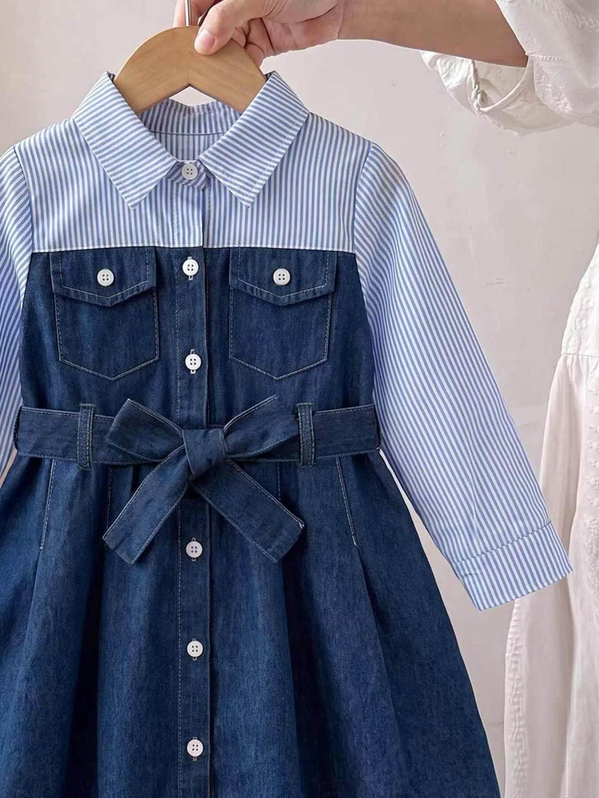 Striped Denim Shirt Dress with Belt — collar and buttoned bodice close-up