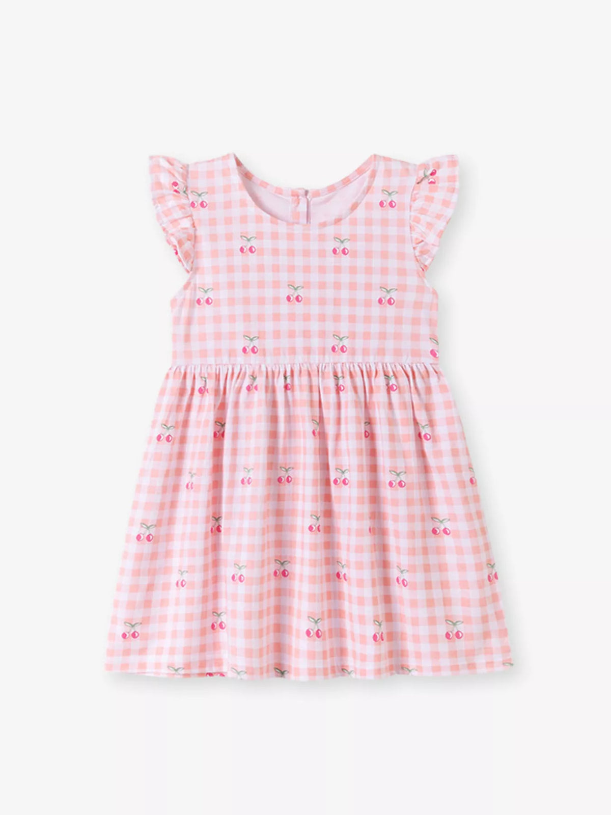 Pink cherry gingham dress with ruffled sleeves laid flat