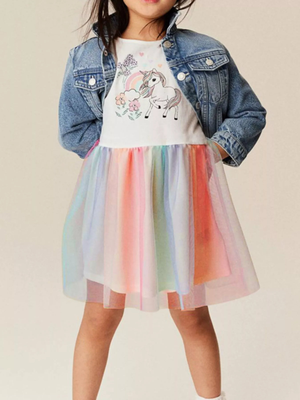 Floral Unicorn Rainbow Tulle Dress — dress worn with a denim jacket
