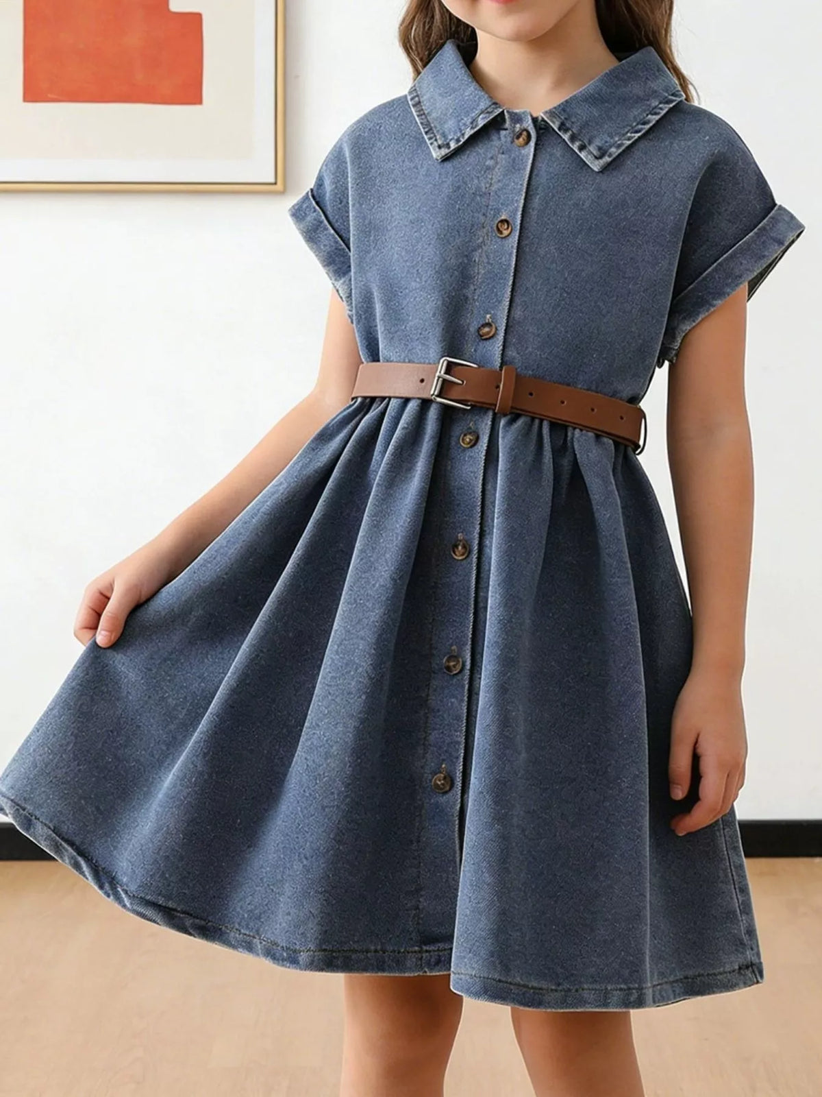 Short Sleeve Denim Shirt Dress with Belt — dress worn by a child